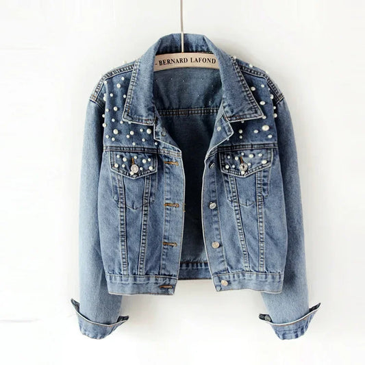 To Sizes 5XL Versatile Pearl Cropped Denim Jacket Loose Fit