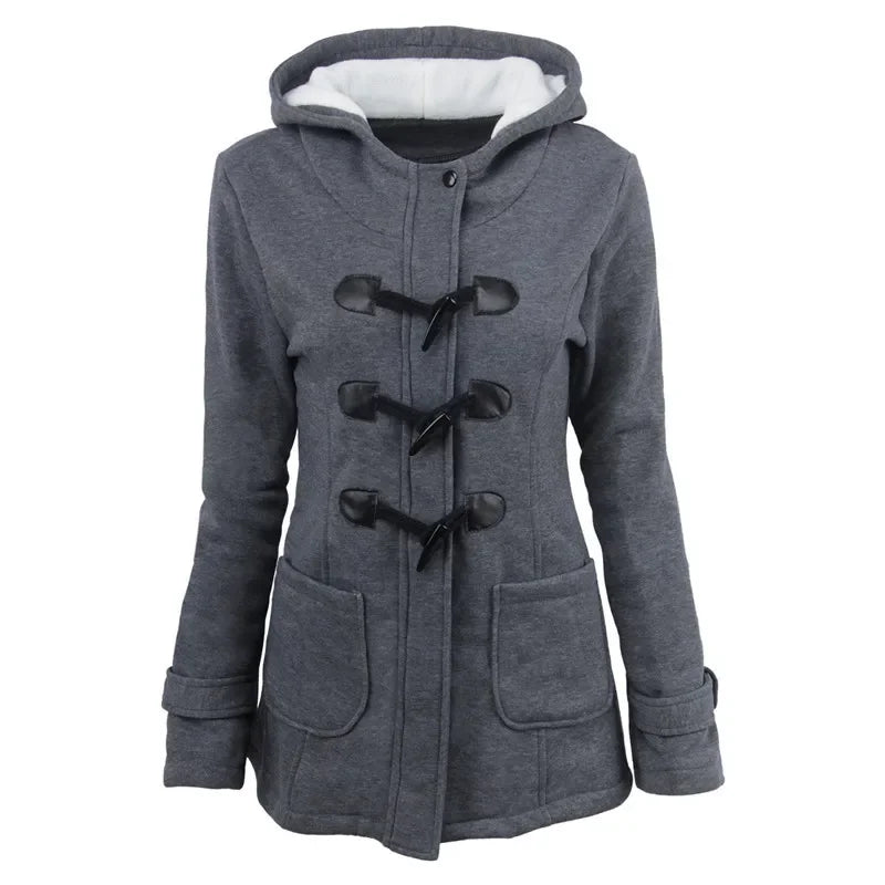 Hooded Women's Overcoat, Zipper Closure with Button Decorations and Pockets