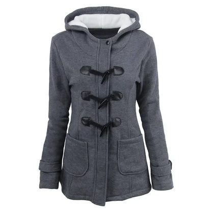 Hooded Women's Overcoat, Zipper Closure with Button Decorations and Pockets