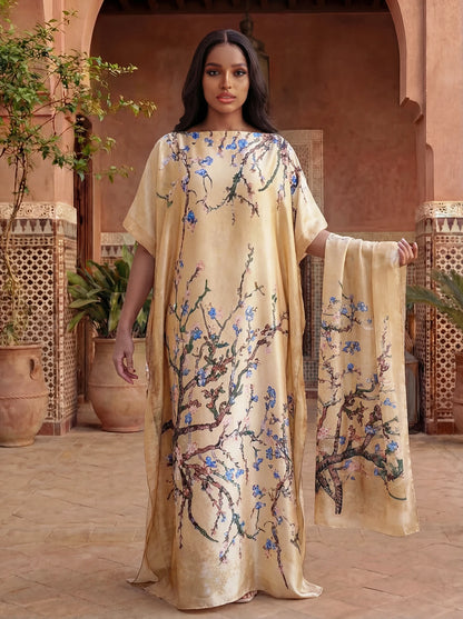 Boho Print Maxi Caftan with matching Shawl, Elbow Length Sleeves, 5 designs to choose from
