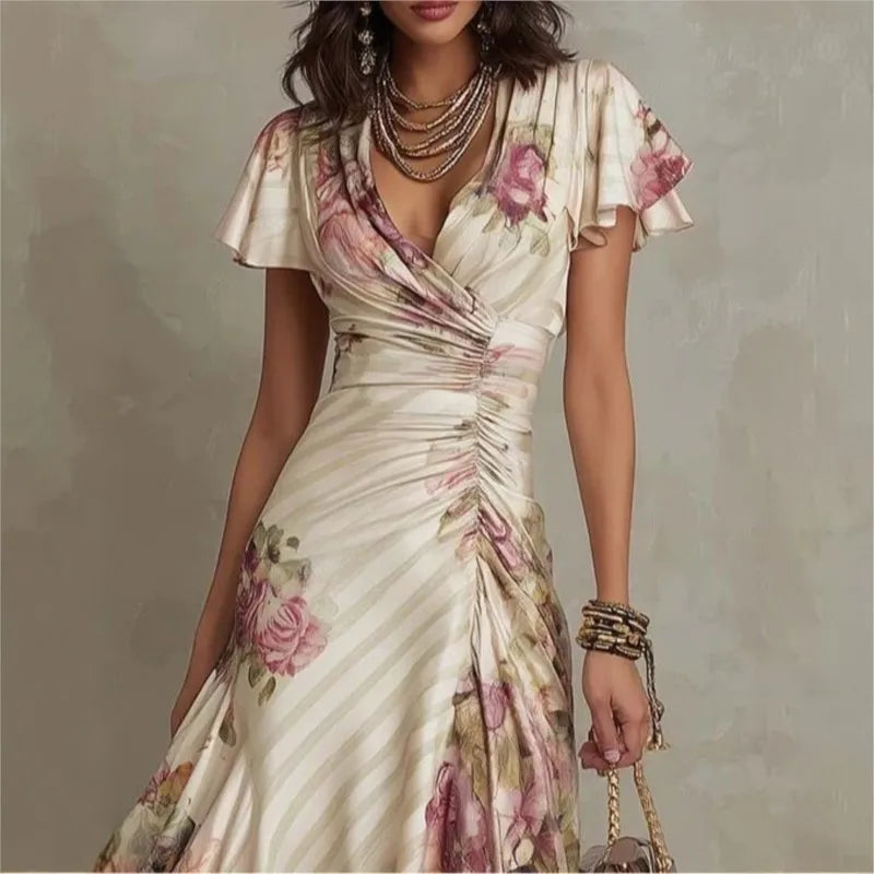 Boho Style Floral Print Midi Dress V Neck High Waist Short Bell Sleeves