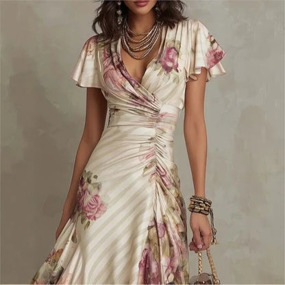 Boho Style Floral Print Midi Dress V Neck High Waist Short Bell Sleeves