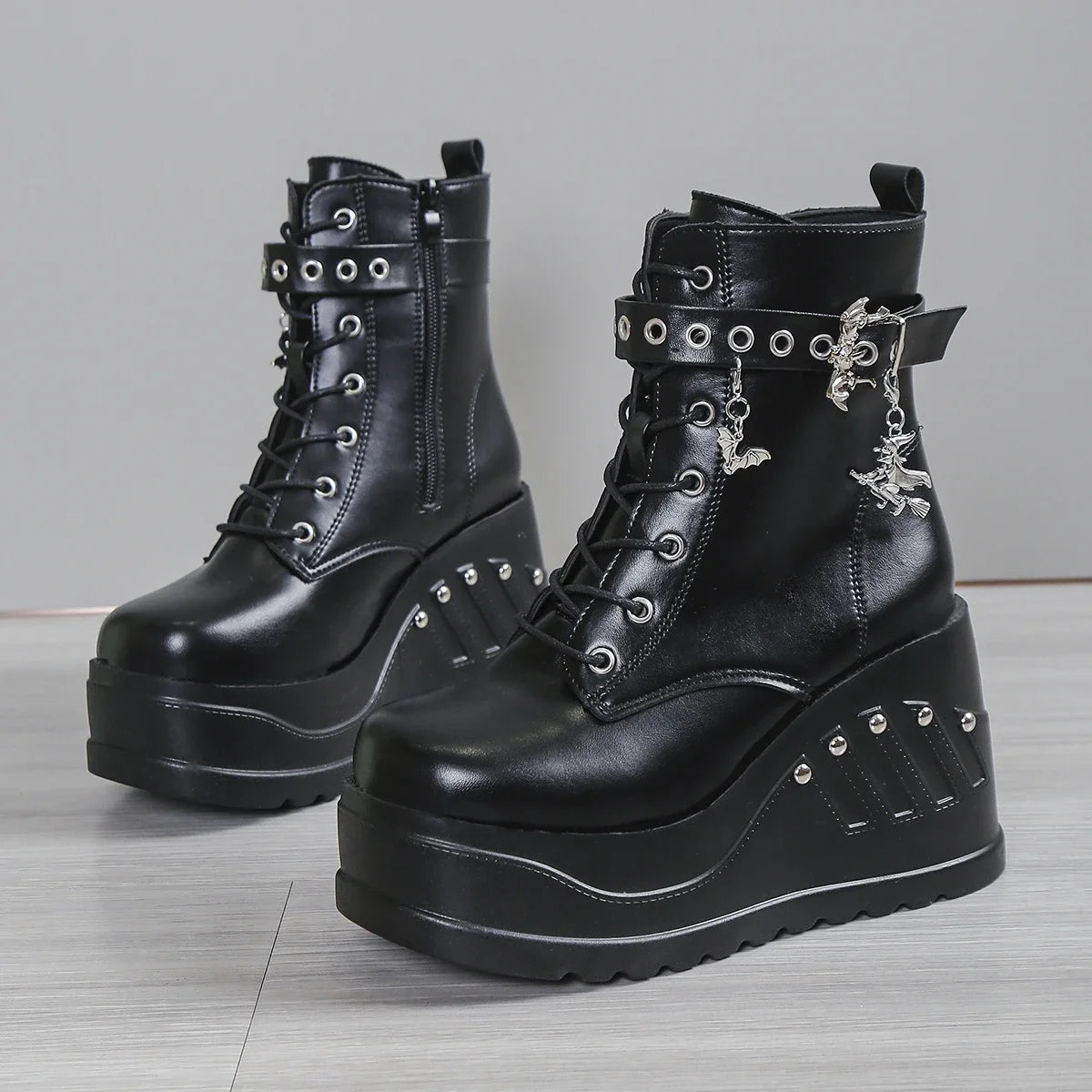 Punk Goth Platform Heels Wedge Heeled Boots, Tie and Strap Closures