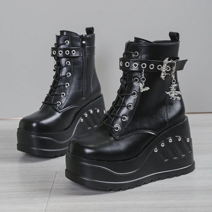 Punk Goth Platform Heels Wedge Heeled Boots, Tie and Strap Closures