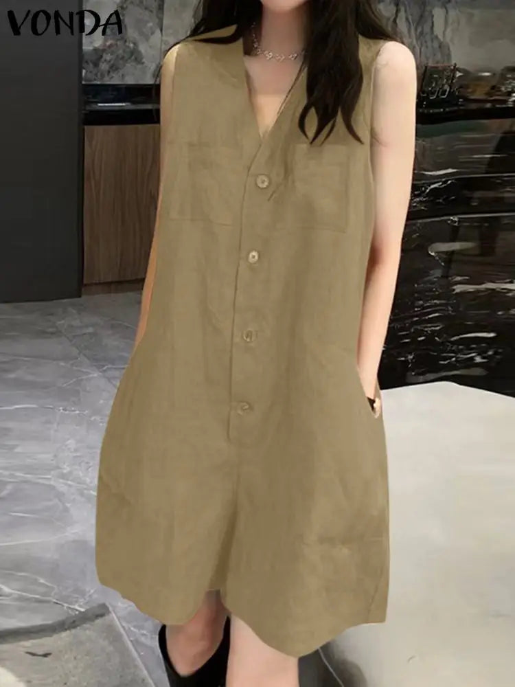 Sizes to 5XL Short Jumpsuits,  Sleeveless, Casual, Loose Fit, V Neck, Pockets, Comes in Khaki, Red, and Black