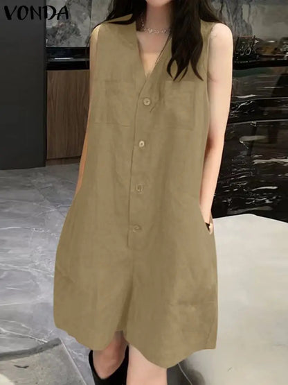 Sizes to 5XL Short Jumpsuits,  Sleeveless, Casual, Loose Fit, V Neck, Pockets, Comes in Khaki, Red, and Black