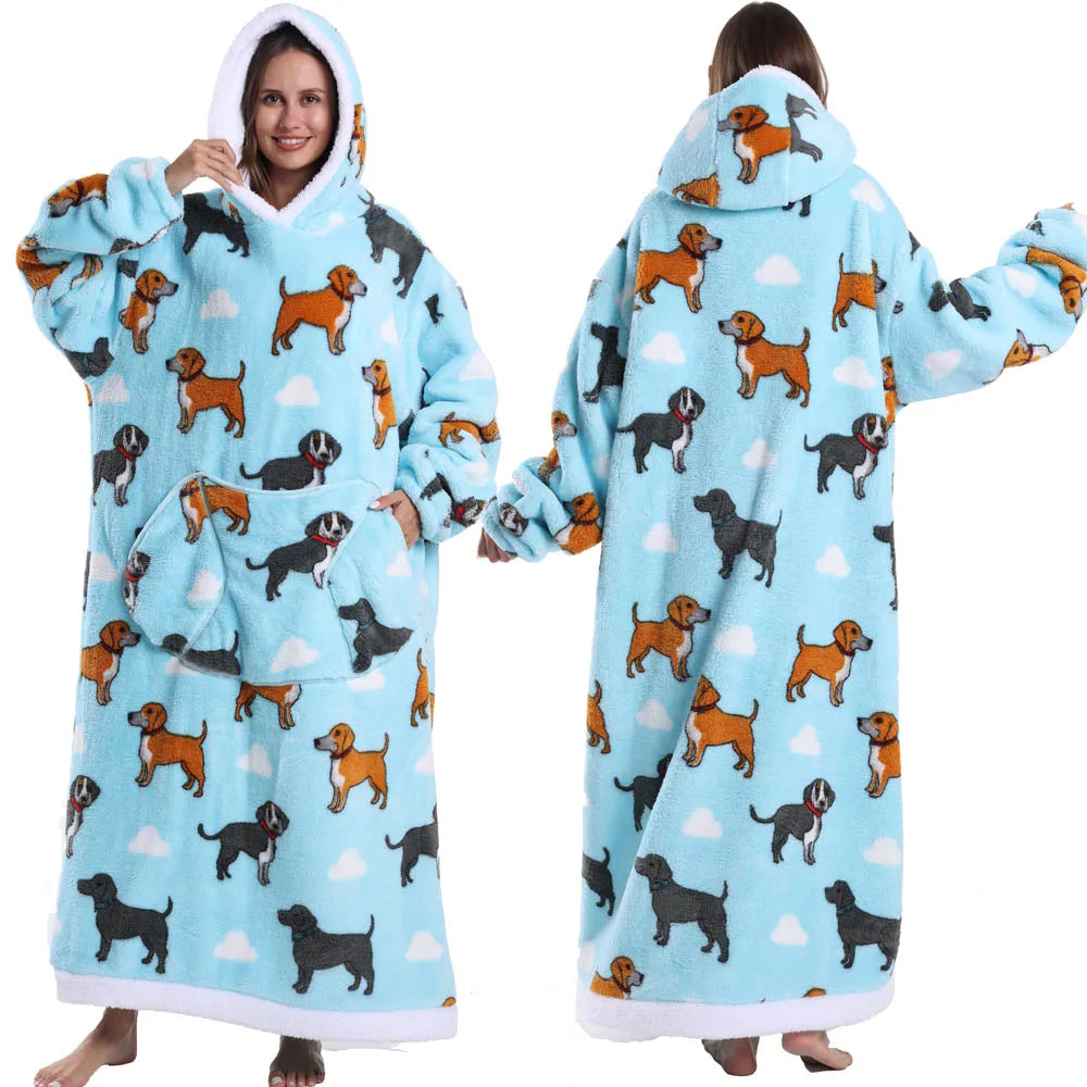 Super Long Flannel Pullover Night Shirt with Pocket and Hood, Super Snuggly for Men and Women, 12 Different Prints