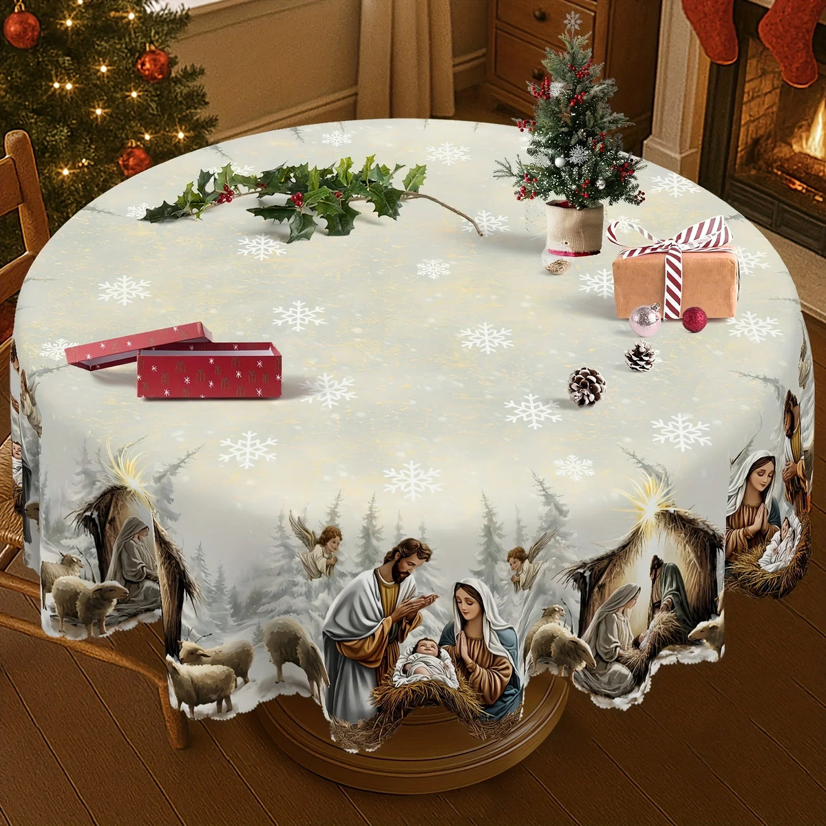 Christmas Nativity Tablecloth in 13 Designs (sizes and shapes listed at end)
