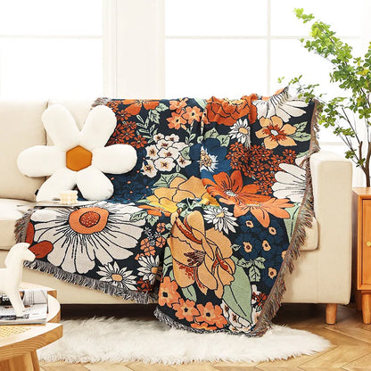 Boho Vintage Floral Jacquard Throw Blanket with Tassels Dark Blue Woven Tapestry