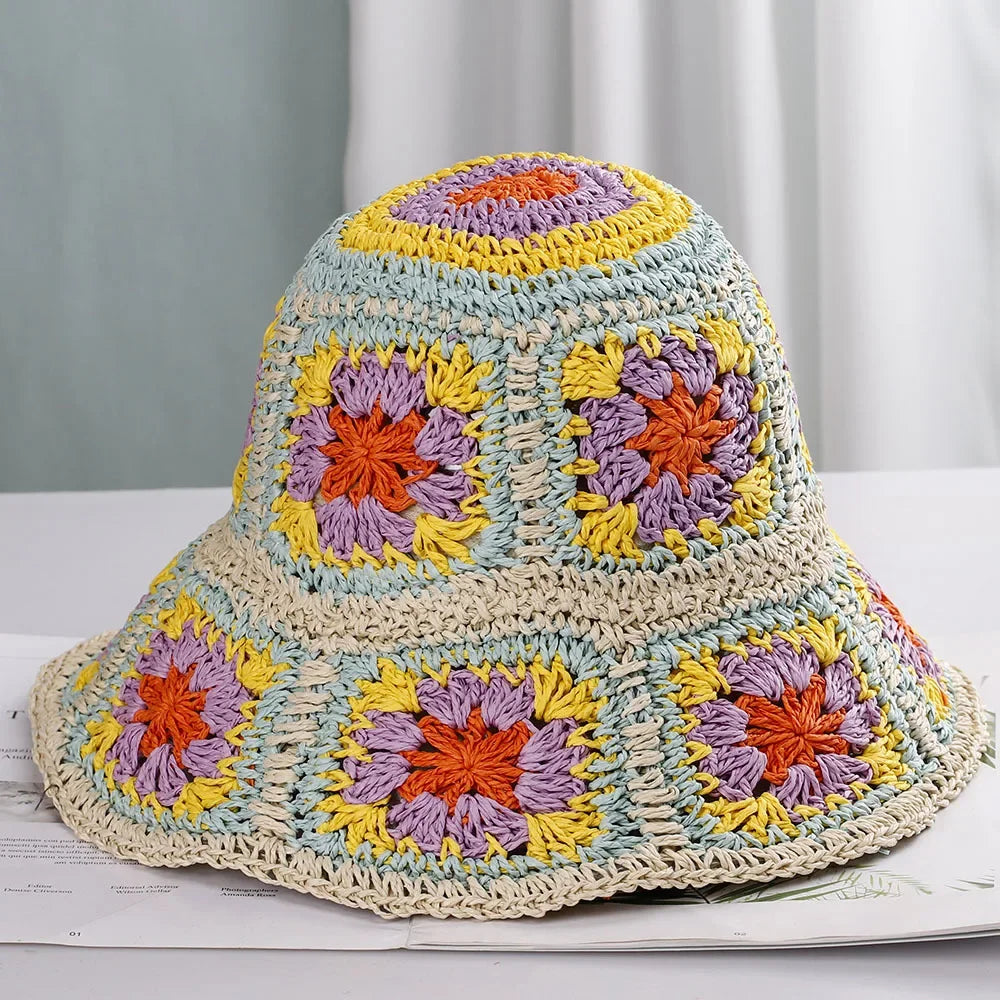 Bright Colored Floweed Crocheted Fisherman Hat