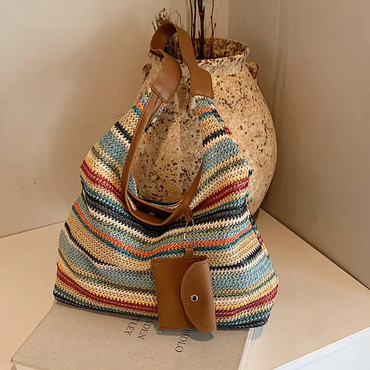 Bohemian Handmade Large Capacity Purse with Faux Leather Strap and small exterior change purse