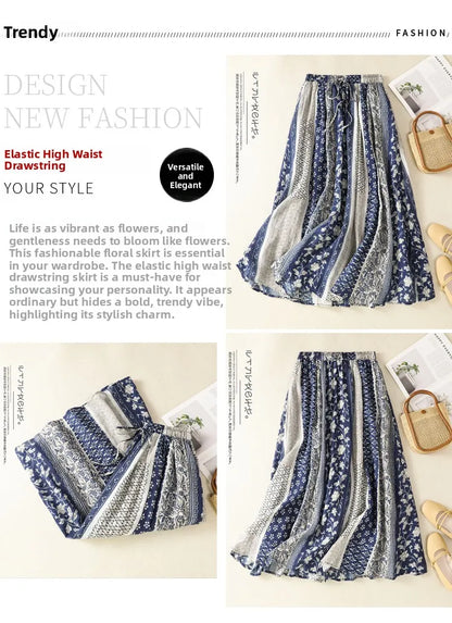 Retro Ethnic Print Flax A-Line Midi Skirt High Waist Drawstring Sizes to 2XL