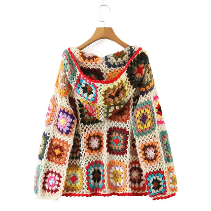 Boho hand-made crocheted cardigan, Square pattern, loose knitted cardigan, Hooded with long sleeves