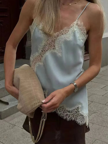 Polka Dot Sling Tops Asymmetric Hem Sleeveless V-Neck Lace Cami