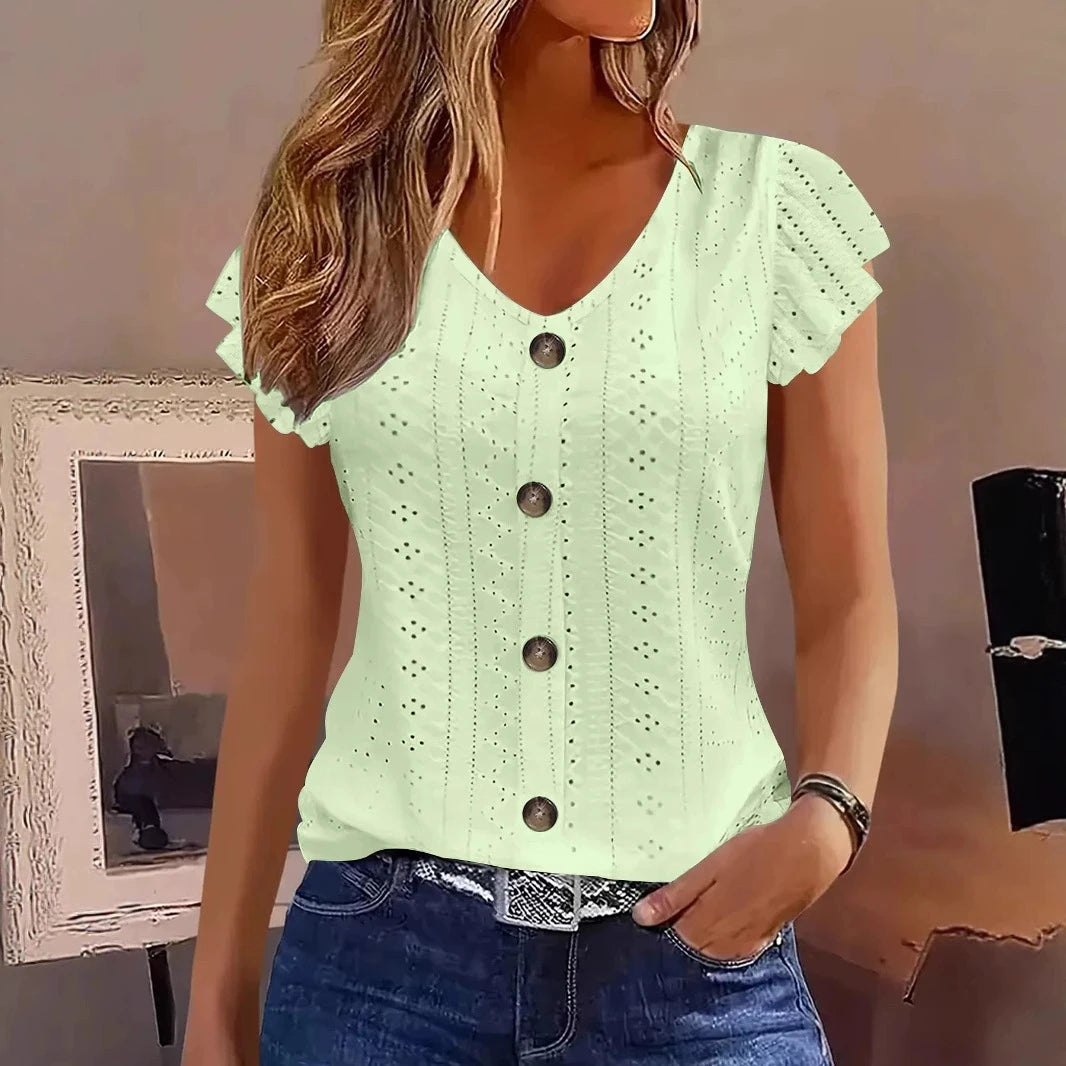 Various Colors Available ruffle sleeve V-neck T-shirt