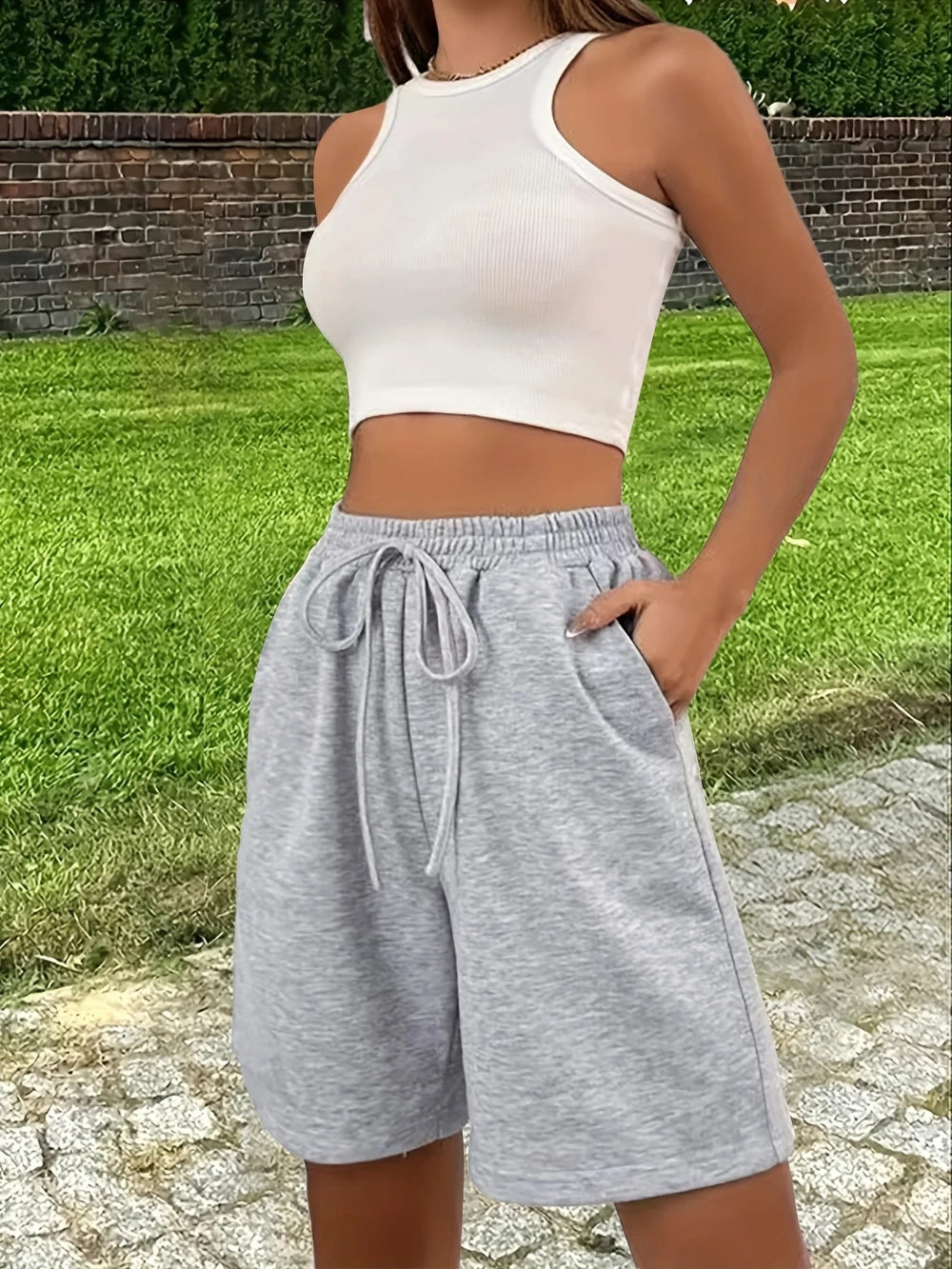Sizes to 3XL Gray Casual Loose, with Pockets, Elastic Waistband with DrawstringPockets