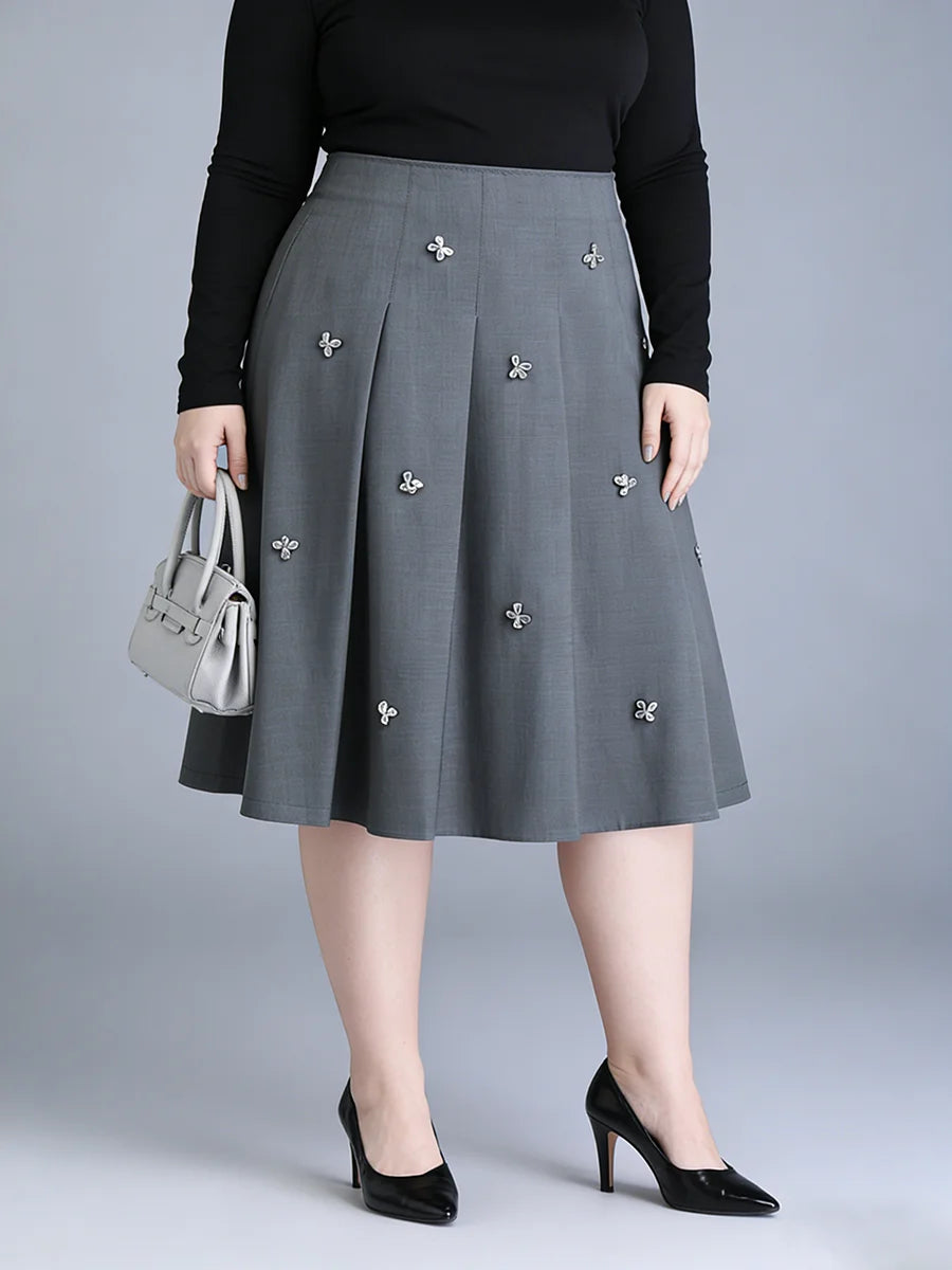Plus Size to 5XL High Waist, Button, Pleated A-Line Bottoms Stretchy Midi Skirt