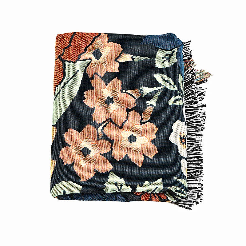 Boho Vintage Floral Jacquard Throw Blanket with Tassels Dark Blue Woven Tapestry