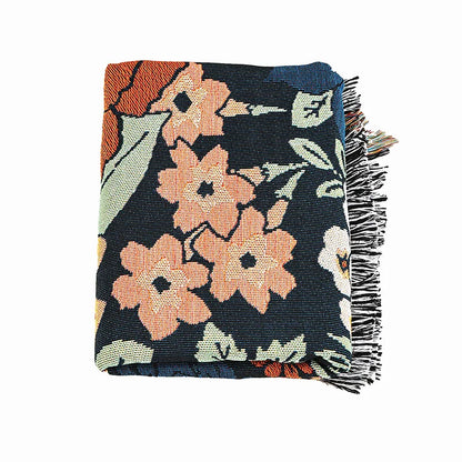 Boho Vintage Floral Jacquard Throw Blanket with Tassels Dark Blue Woven Tapestry