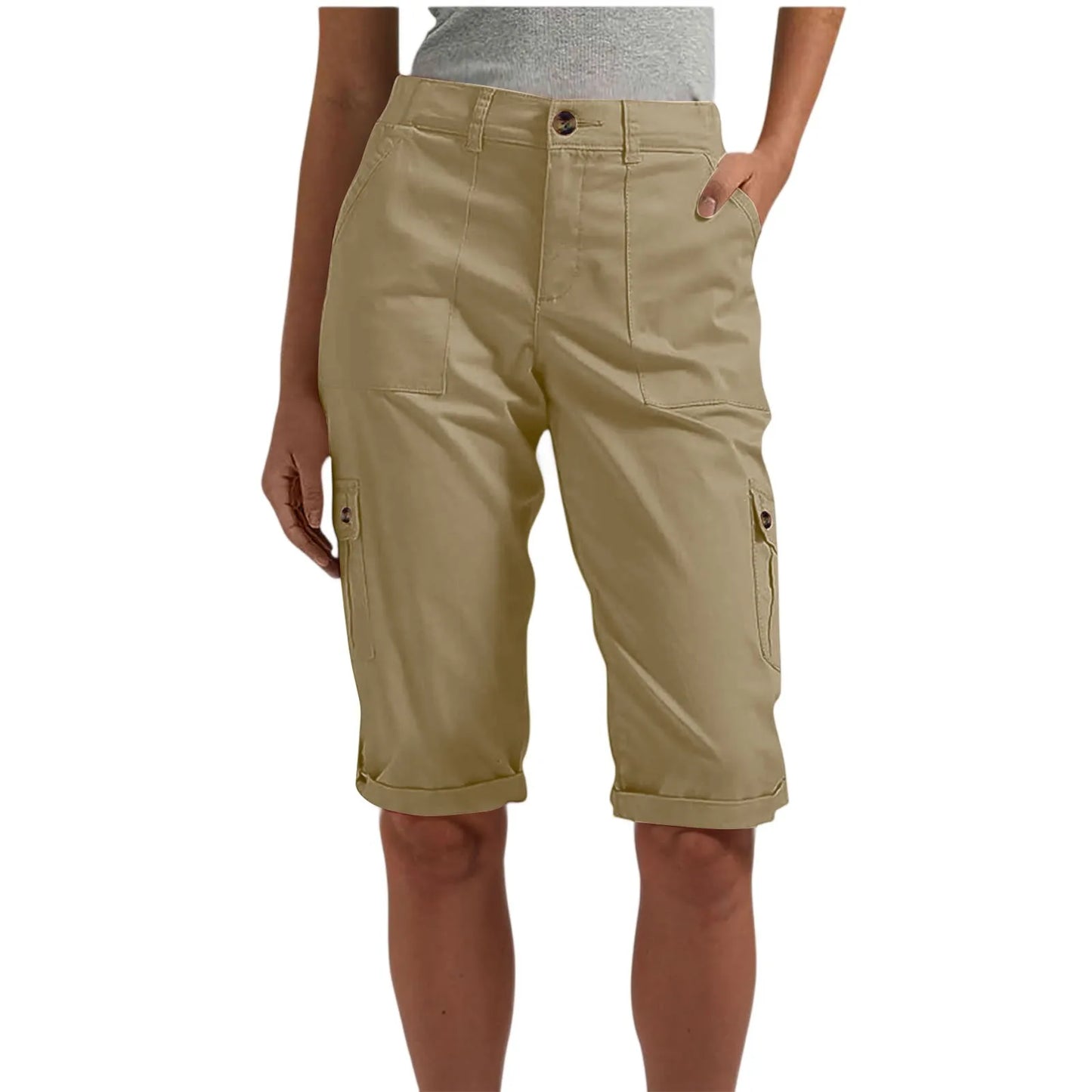 Women's long capri cargo shorts,  Button and Zipper Closure, 6 Colors in Sizes to 2XL