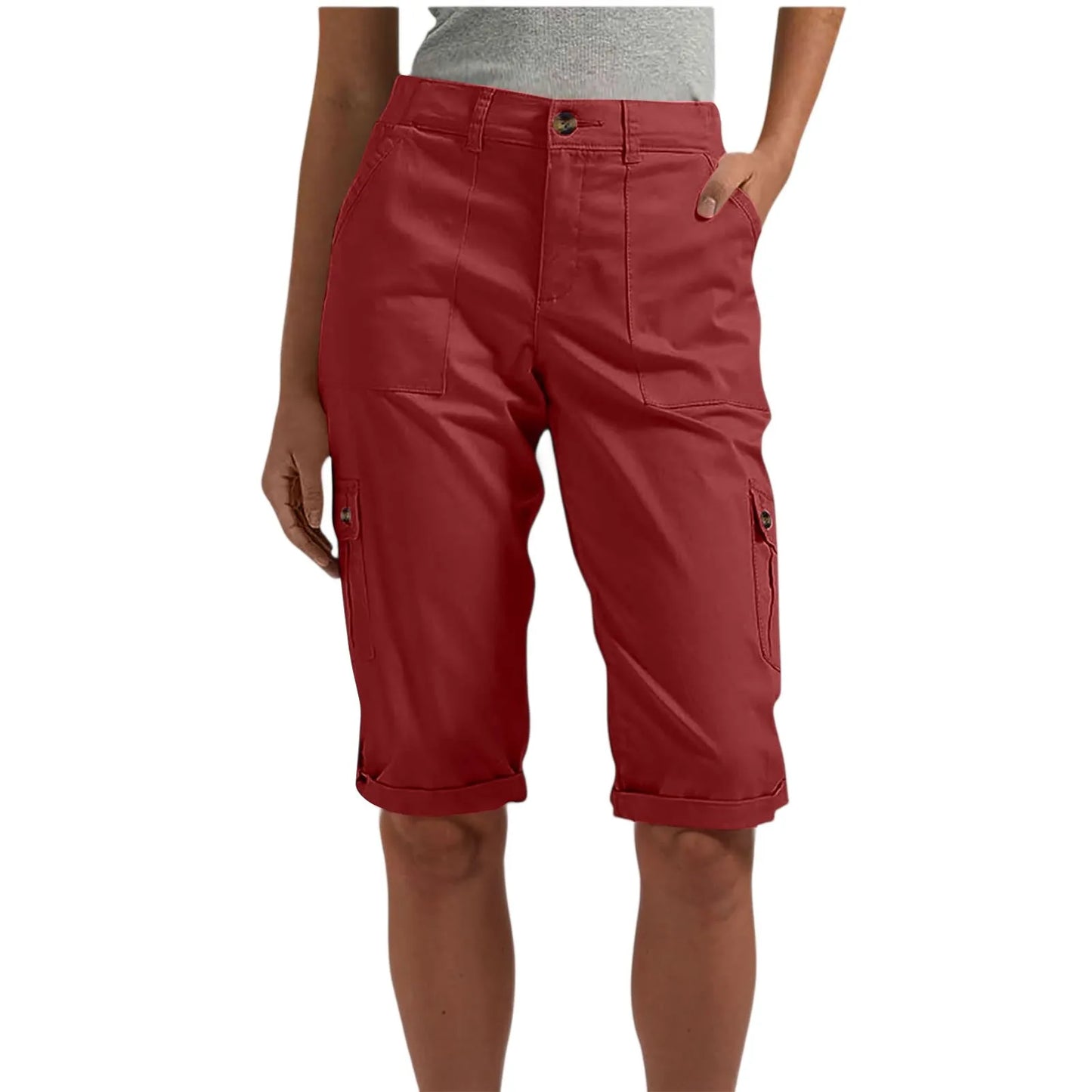 Women's long capri cargo shorts,  Button and Zipper Closure, 6 Colors in Sizes to 2XL