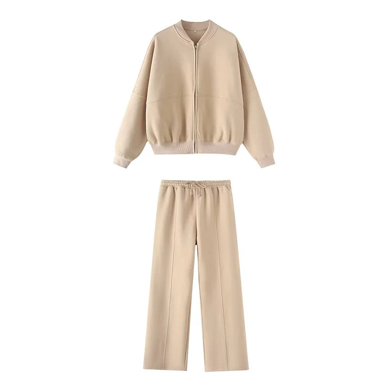 Warm 2 Piece Sweatsuits, Thick Fleece, Zipper Jacket, Batwing Sleeves, Clean Lines