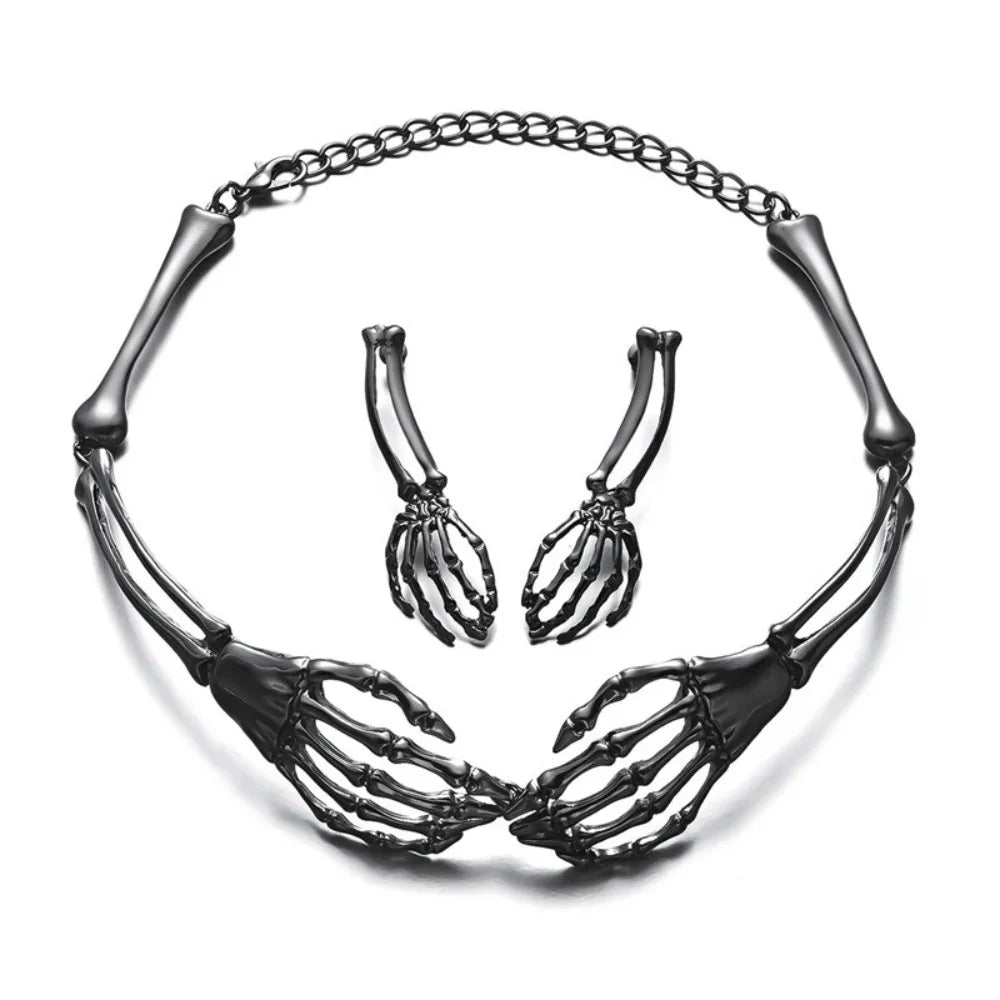 Halloween Skeleton Jewelry Gothic Skeleton Hands Choker and Earrings Set