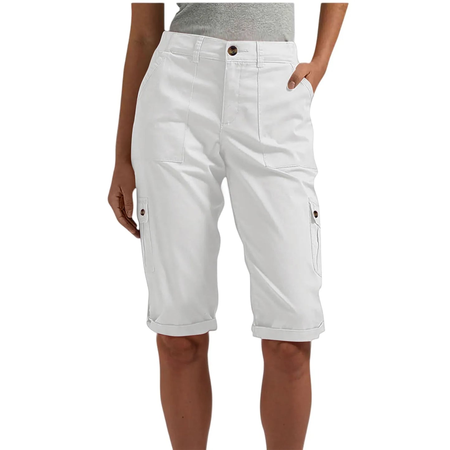 Women's long capri cargo shorts,  Button and Zipper Closure, 6 Colors in Sizes to 2XL