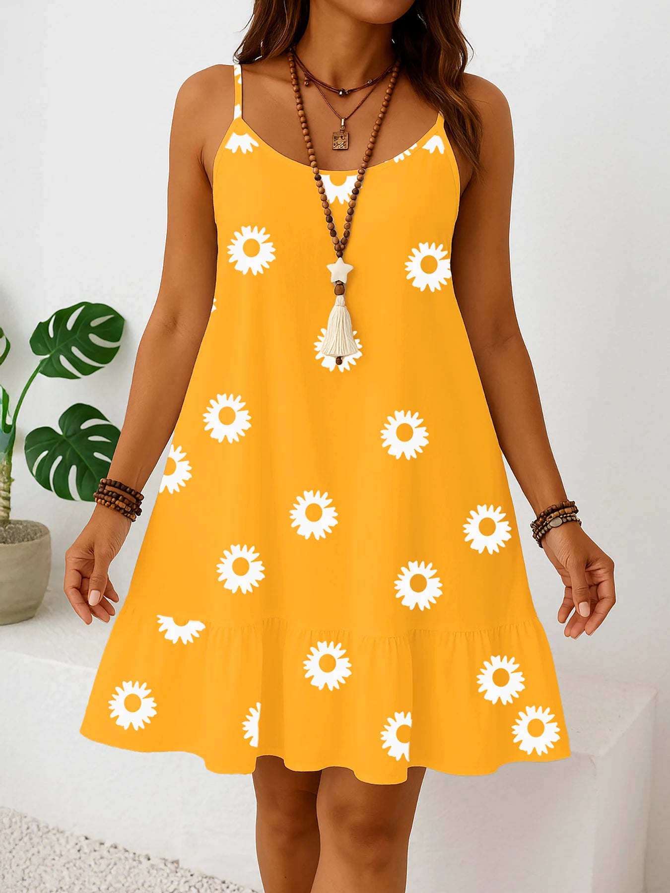 Plus sizes to 5XL sleeveless floral print dress, sun dress with ruffled hem, casual spaghetti straps, and v-neck
