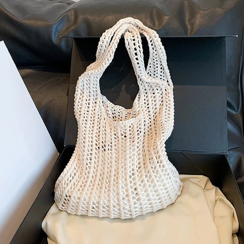 Solid Color Large Boho  Knit Shoulder Bag Crochet Tote