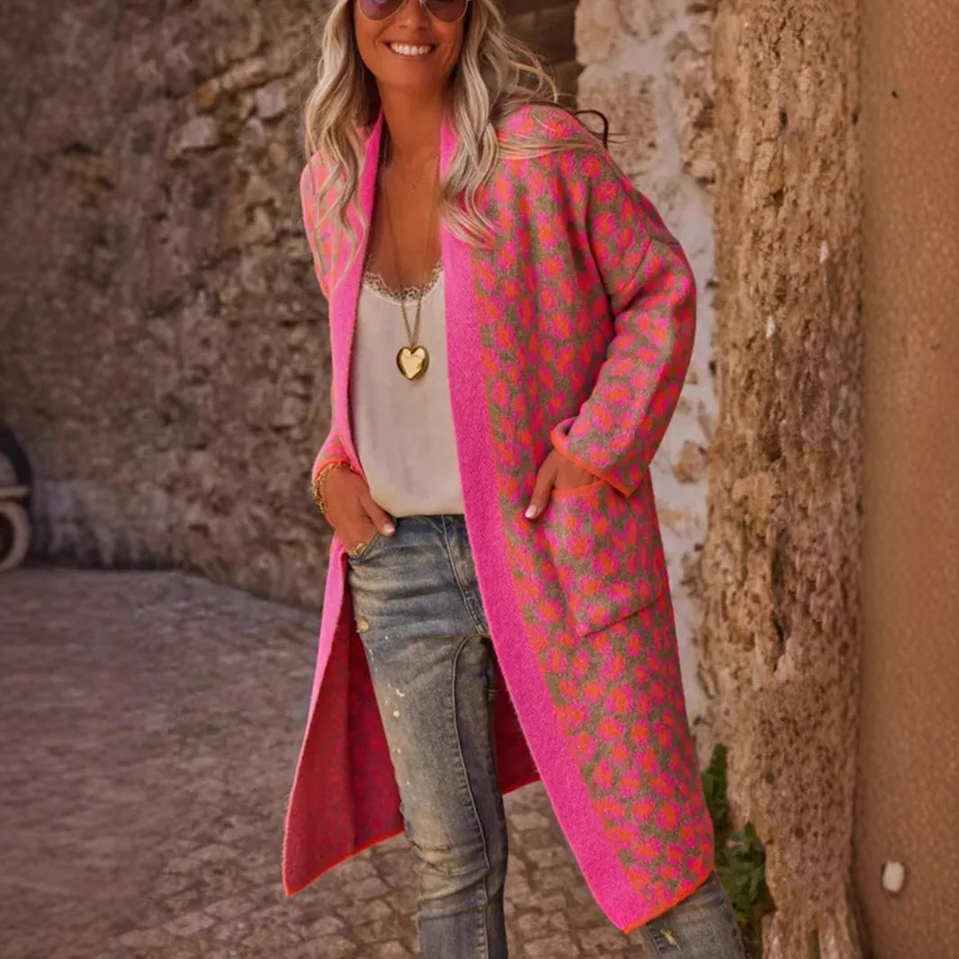 Long Knitted Print Cardigan with Long Sleeves and Pockets