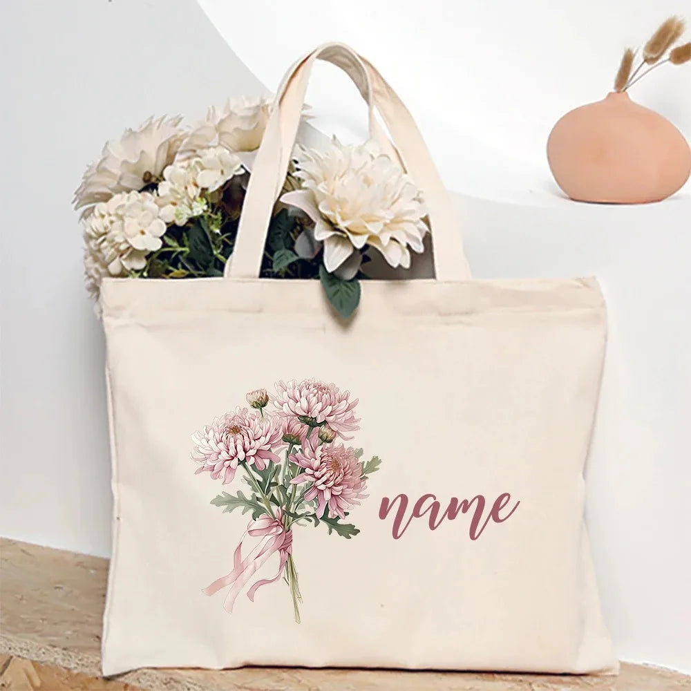 Personalized Shoulder Bag Birth Month Flower and Name Tote Bag, Monogrammed Canvas Bags