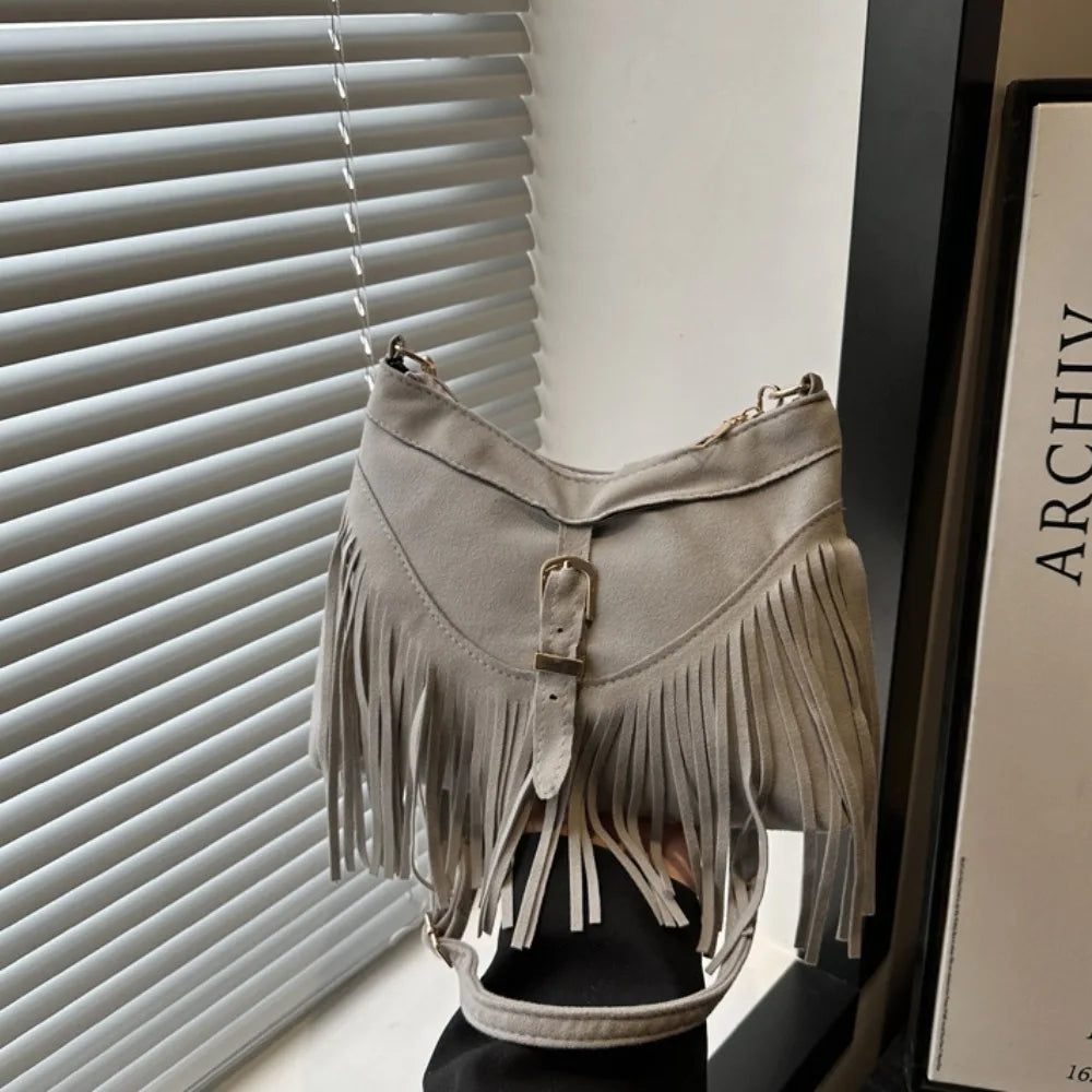 Bohemian Suede Leather Under-Arm Zipper, Tassels, Shoulder Bag, Solid Color PU Leather, Black, Grey, Coffee, and Light Brown