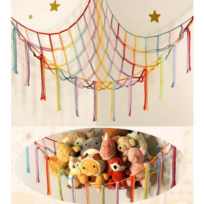 9 different colors of this Boho Macrame Stuffed Animal Hammock Cotton Tassel Toy Storage Net, Hanging Organizer