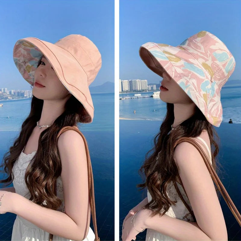 Bohemian Reversible Bucket Hat - Oversized Floral Print Sun