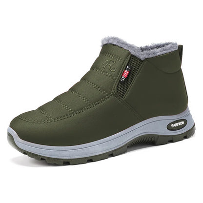 Waterproof Plush, Warm Ankle Snow Boots in Red, Black, Blue, Green, and Tan.