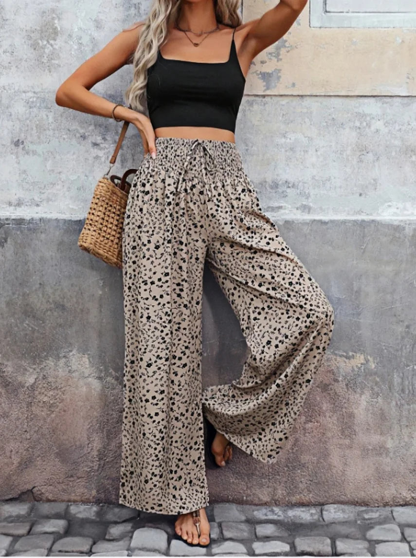 Sizes to 2XL Wide Leg Pants Boho Elastic High Waisted with Drawstring Loose Pants