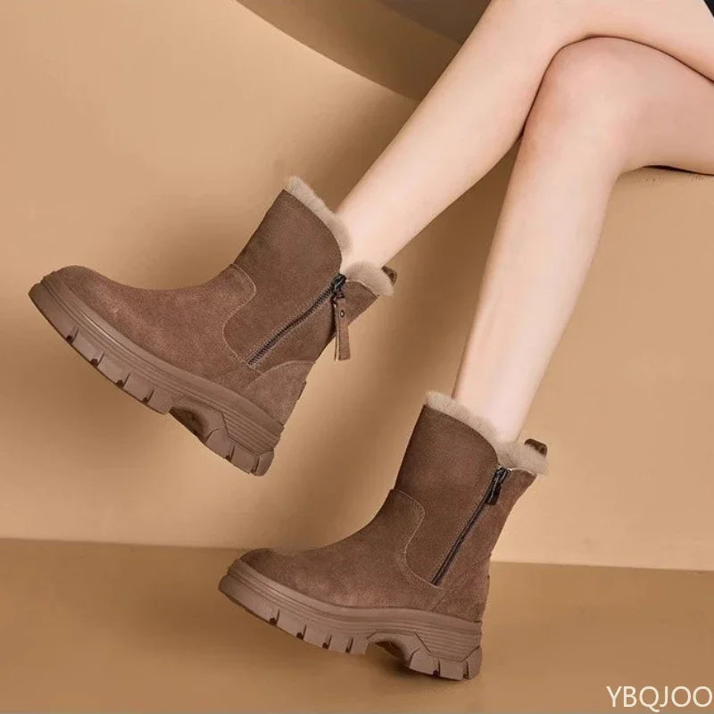 Thick cotton-lined snow boots with side zipper, weather-resistant, anti-slip, and  versatile short boots