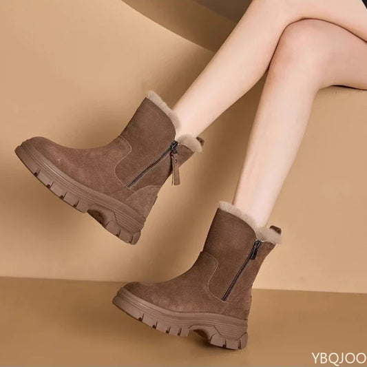 Thick cotton-lined snow boots with side zipper, weather-resistant, anti-slip, and  versatile short boots