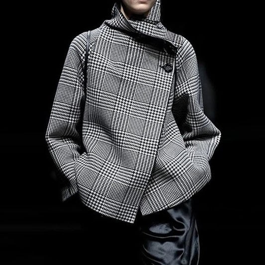 Asymmetrical Retro Black Plaid Houndstooth Jacket Autumn Winter