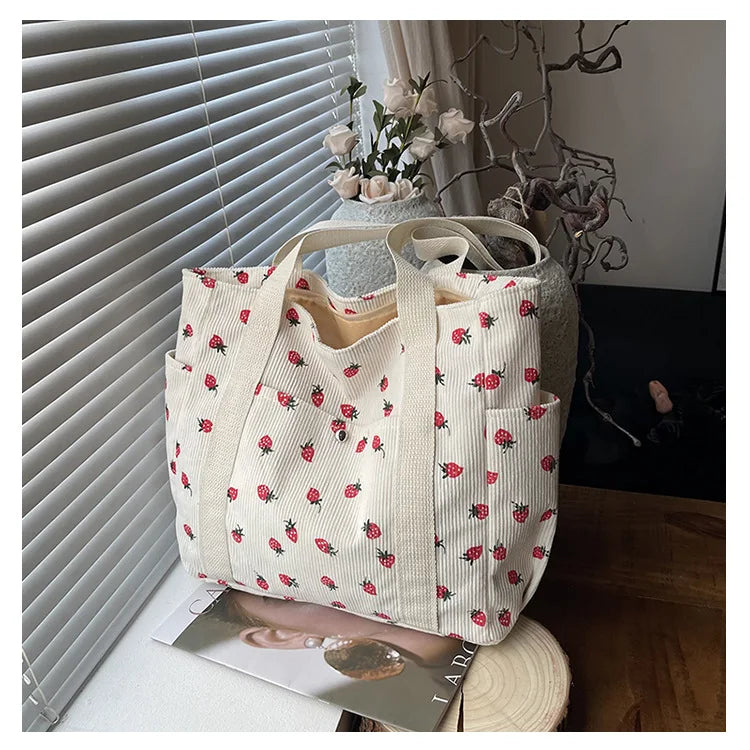 Corduroy Shoulder Bag, Cute Printed Handbag, Casual Commuter & Shopping Bag or Gift Bag