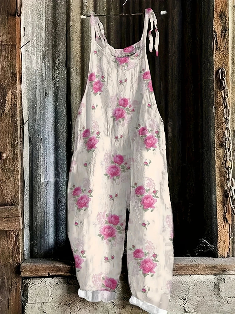 Sling Jumpsuit, Tie String Straps, Floral Printed, Wide Leg Pants, Casual Outdoor, Loose,  Comfortable, Breathable