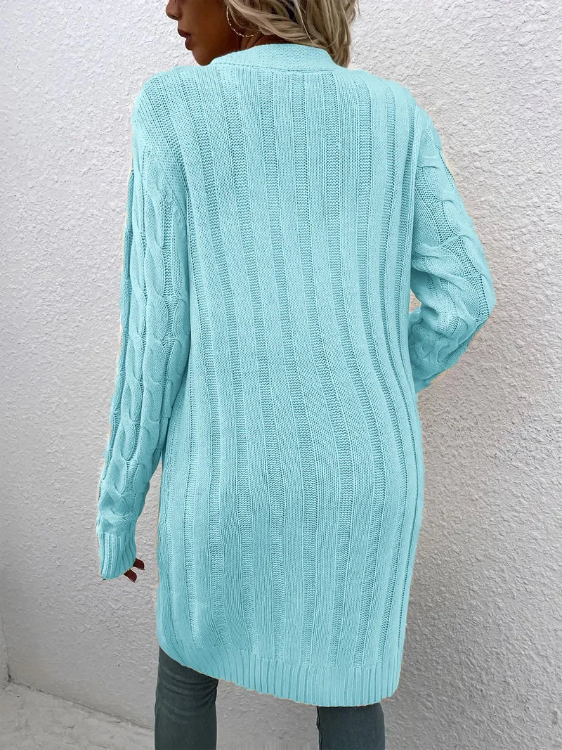 Solid Color Twisted Knit Long Cardigan with Single Buttons and Pockets. Green, Yellow, Turquoise, and White