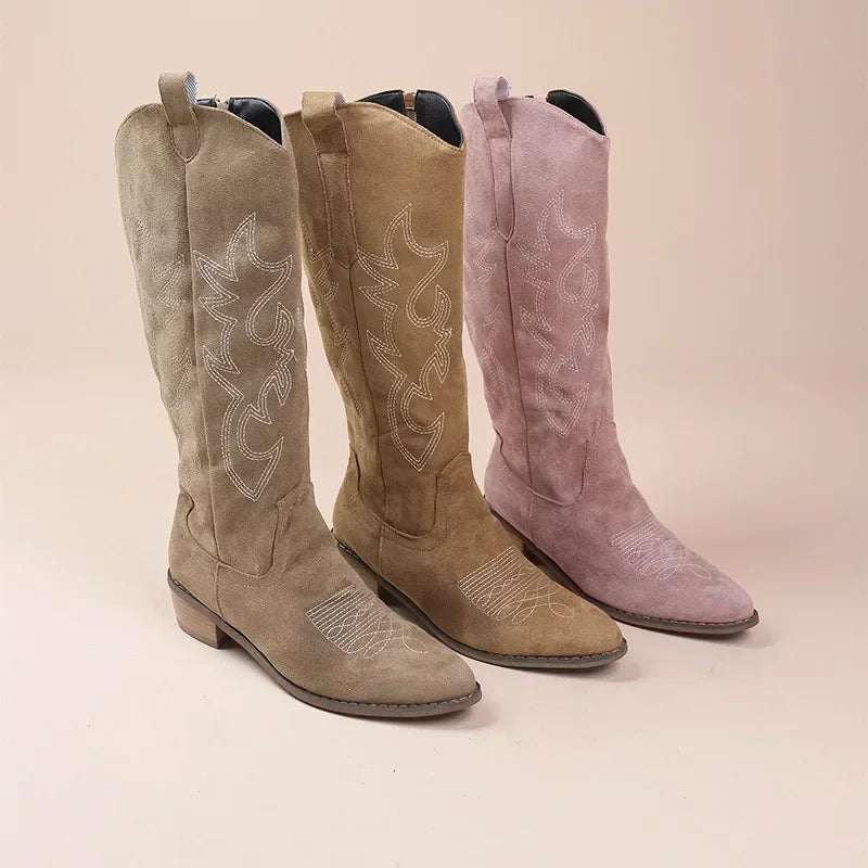 Embroidered Western Cowgirl Knee Boots with Pointed Toes and Thick Heels, High Knee Boots, PU Leather in Light and Medium Brown, Beige, and Pink