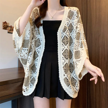 Bohemian Style Hollowed-out Long Sleeve Light Weight Sweater with V Neck and Batwing Sleeves