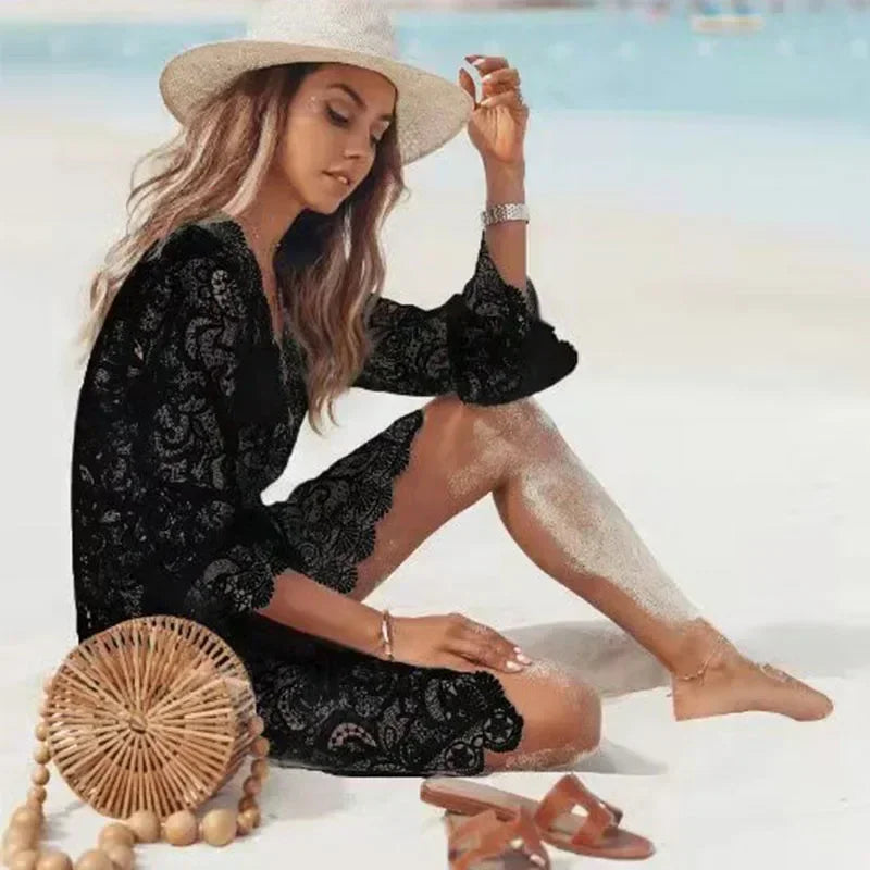 Boho Crochet White Knitted V-neck Scallop Trim Lace Dress Cover-Up in Black and white