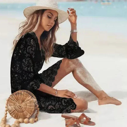 Boho Crochet White Knitted V-neck Scallop Trim Lace Dress Cover-Up in Black and white
