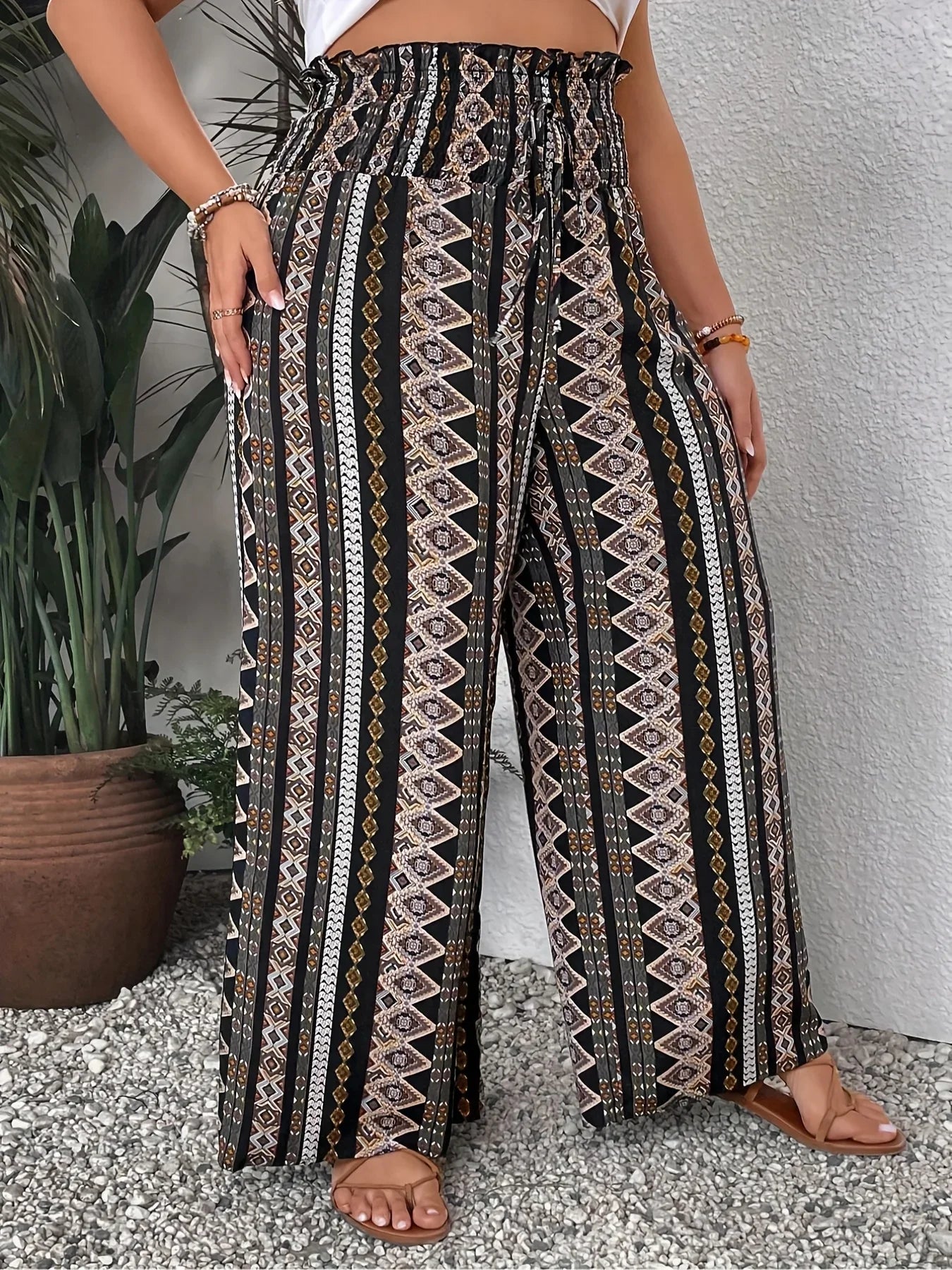 Loose fit Bohemian Sizes 1XL-5XL Solid Black or Ethnic Print Pants with Elastic Waist, Loose, Long Pants