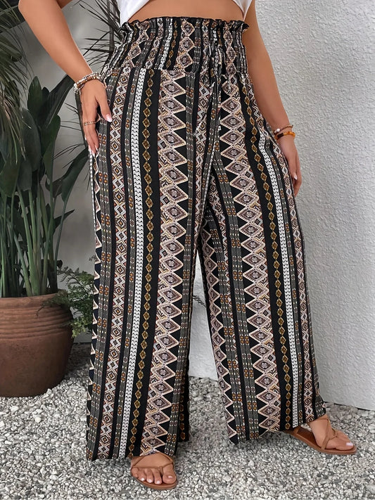 Loose fit Bohemian Sizes 1XL-5XL Solid Black or Ethnic Print Pants with Elastic Waist, Loose, Long Pants
