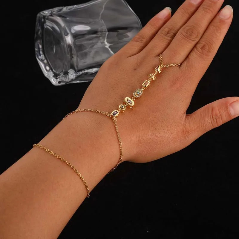 Stainless Steel Colorful Crystal Hand Chain Bracelet; Gold Color Water Drop Finger Bangle Bracelet